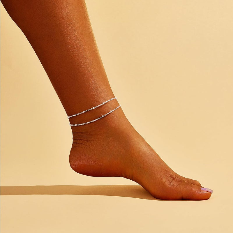 Poxtex Sterling Silver Anklet Bracelets for Women Waterproof, 925 Sliver Plated CZ & Heart Charm Dainty Layer Anklets for Women Trendy, Simple Chain Anklets Set Gifts for Women, Mother Day Jewelry Gifts for Her Women Mom Wife Girlfriend - Image 4